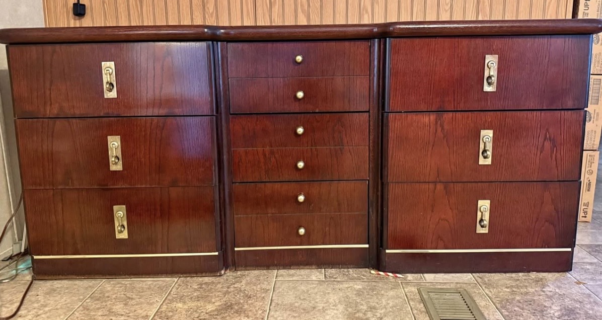 Bassett campaign-style triple dresser awaiting restoration