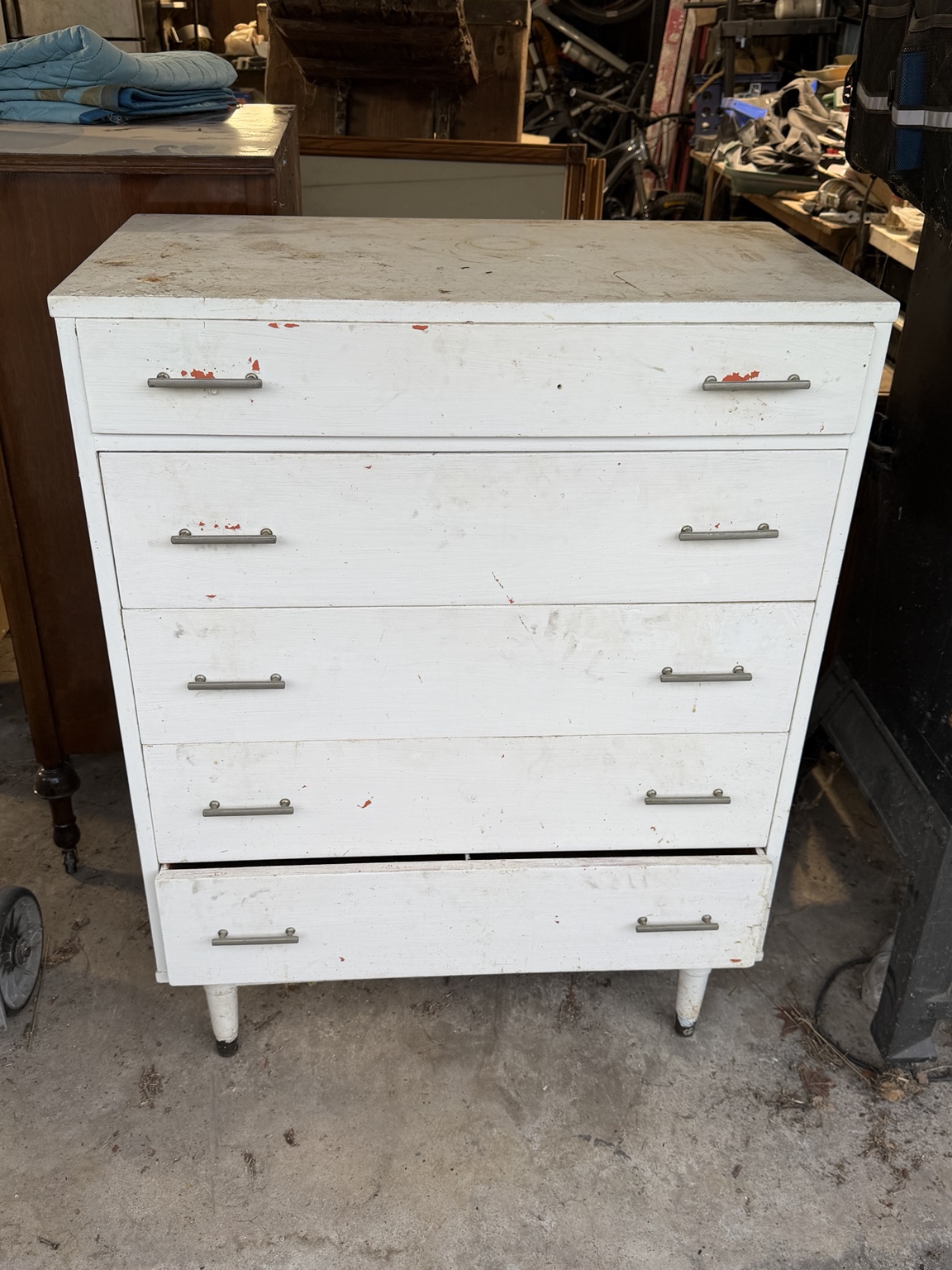 Drexel five-drawer dresser awaiting restoration