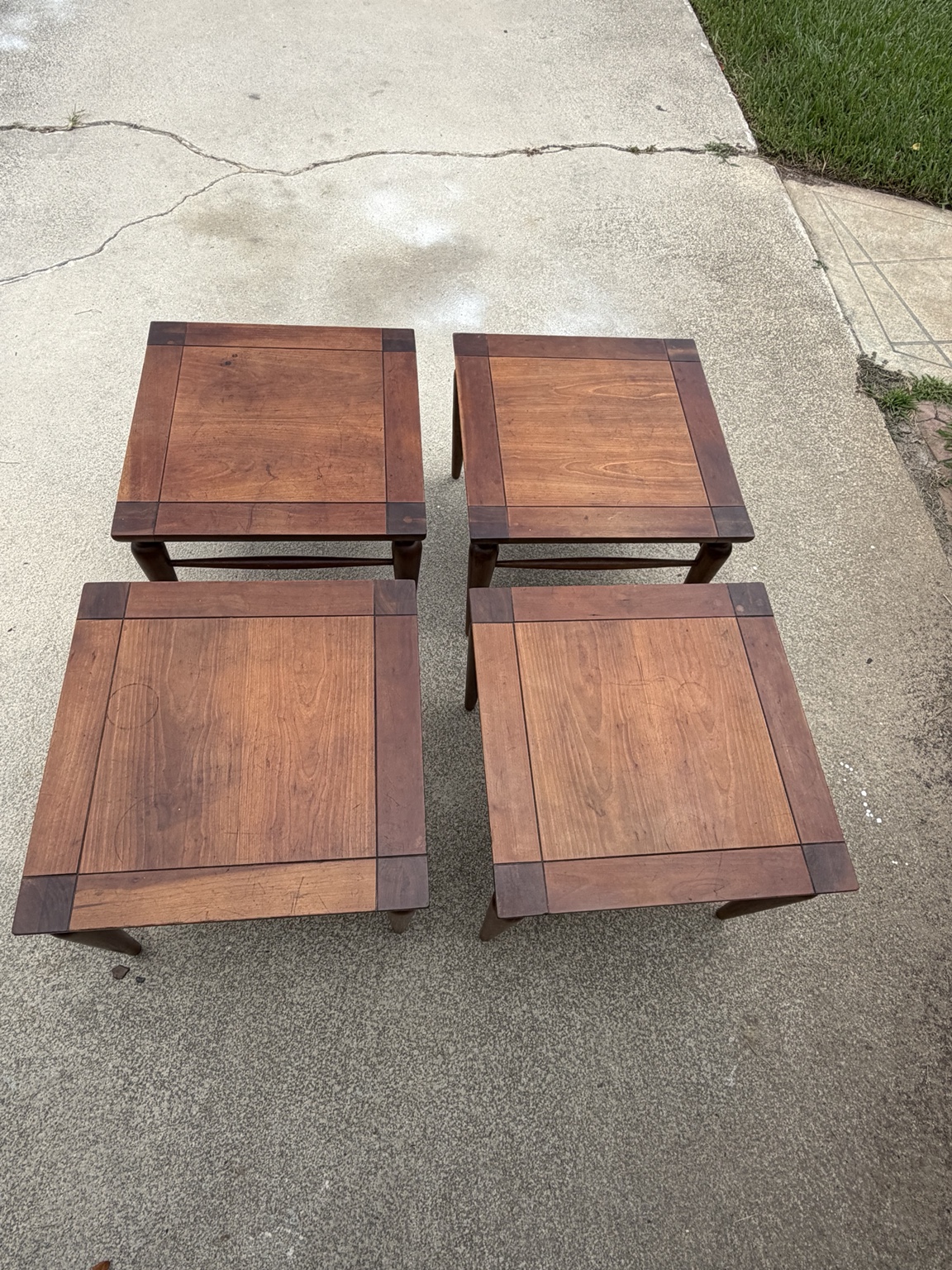 Two matching pairs of Henredon Heritage end tables awaiting restoration
