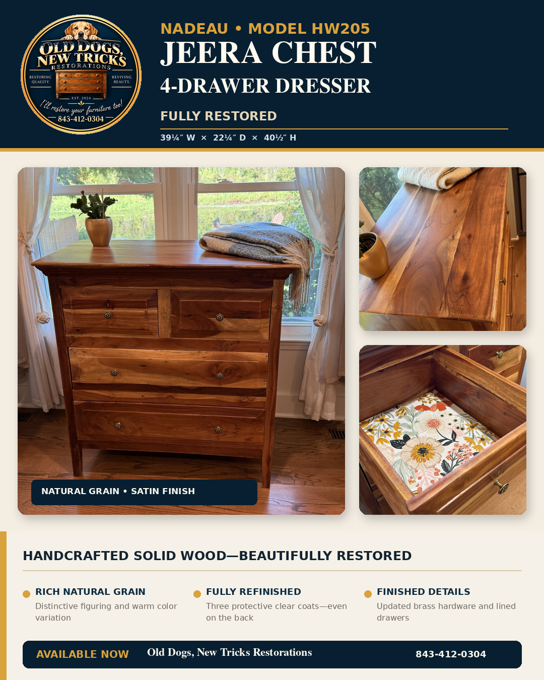 Sales sheet for the restored Nadeau Jeera chest